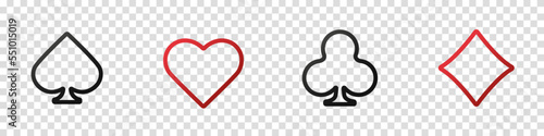Set collection gambling sign symbol of playing card suits and chips for poker and casino. Hearts, clubs, diamonds and spades on an isolated transparent background.