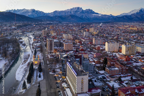 Aerial view of Vladikavkaz at sunrise. North Ossetia, Caucasus, Russia.