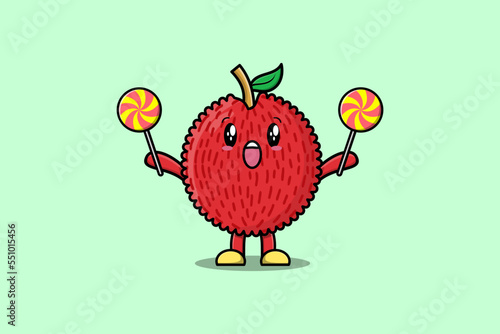 Cute cartoon Lychee character holding lollipop candy in flat cartoon illustration