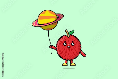 Cute cartoon Lychee floating with planet balloon cartoon vector illustration 