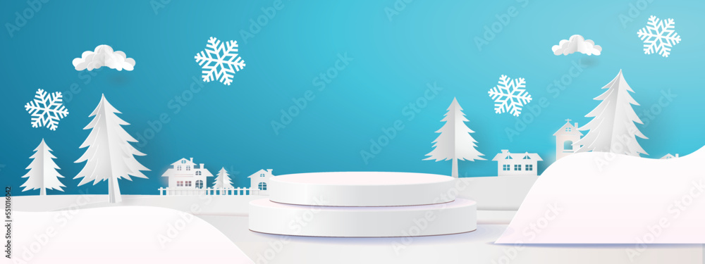 Christmas Winter Product podium snowflakes and snow Vector illustration sale product banner forested landscape paper 3d