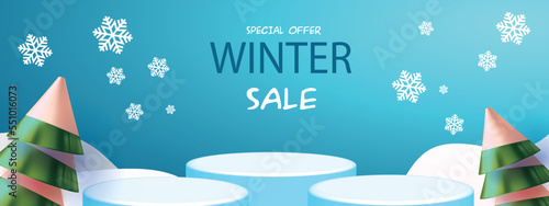 Christmas Winter Product podium snowflakes and snow Vector illustration sale product banner forested landscape paper 3d