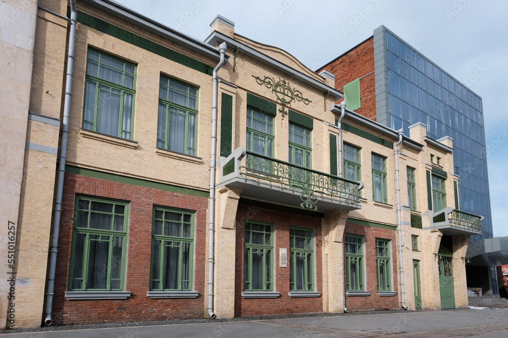 View of A. Serafimovich house (one of National Museum of Alania complex) on cloudy winter day. Vladikavkaz, North Ossetia, Russia. View of A. Serafimovich house (one of National Museum of Alania complex) on cloudy winter day. Vladikavkaz, North Ossetia, Russia.