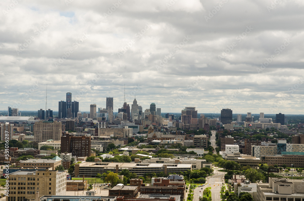 View of Downtown Detroit from the Fisher Building on a cloudy day.