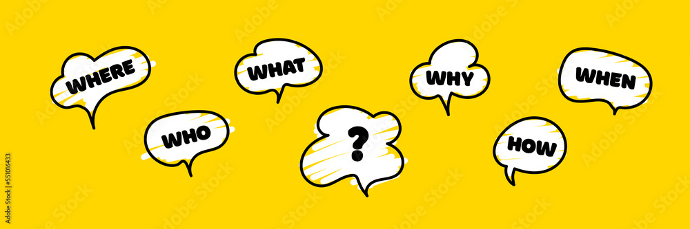 Banner with question what, how, why, what and where. Business web ...