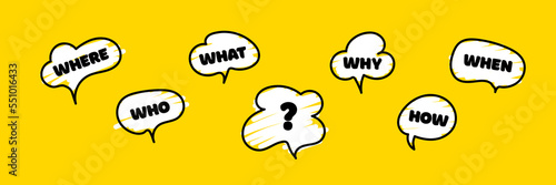 Banner with question what, how, why, what and where. Business web banner. Place for your text. Ask and question mark sign. Communication inclusion people concept. Vector illustration.