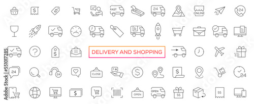 Delivery and shopping line icons collection. Big UI icon set. Thin outline icons pack