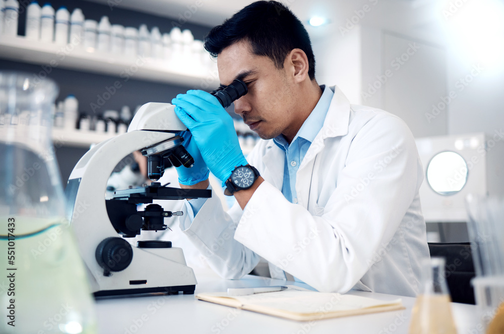 Microscope, Asian man in laboratory for healthcare, science method and research innovation. Male researcher, chemist and medical professional check sample, results and lab equipment for analysis. Microscope, Asian man in laboratory for healthcare, science method and research innovation. Male researcher, chemist and medical professional check sample, results and lab equipment for analysis.