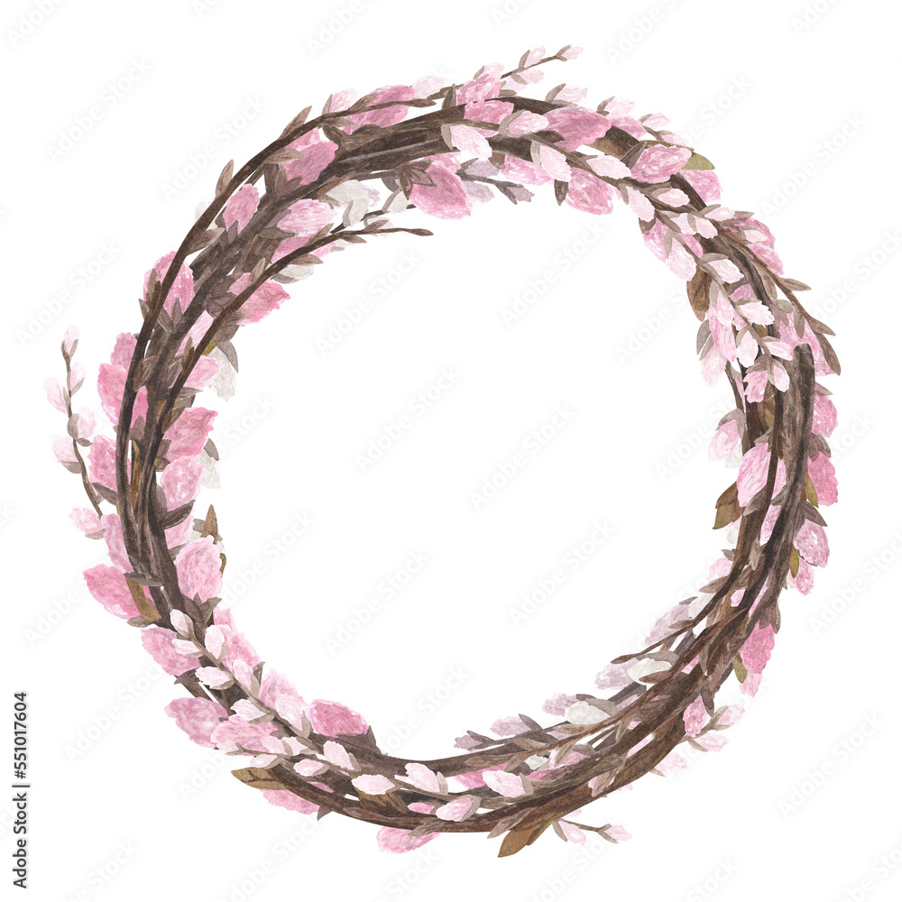 Pink willow pussy wreath watercolor with spring branch isolated on white. Hand drawing Easter illustration for design Pink willow pussy wreath watercolor with spring branch isolated on white. Hand drawing Easter illustration for design