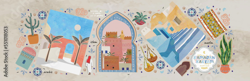 Ramadan Kareem! Eid Mubarak! Islamic holiday vector illustrations, Arabic architecture,  pattern and background for a poster, congratulation or card
