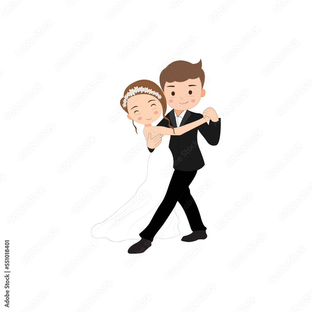 Wedding couple, bride and groom dancing vector isolated on white background. 