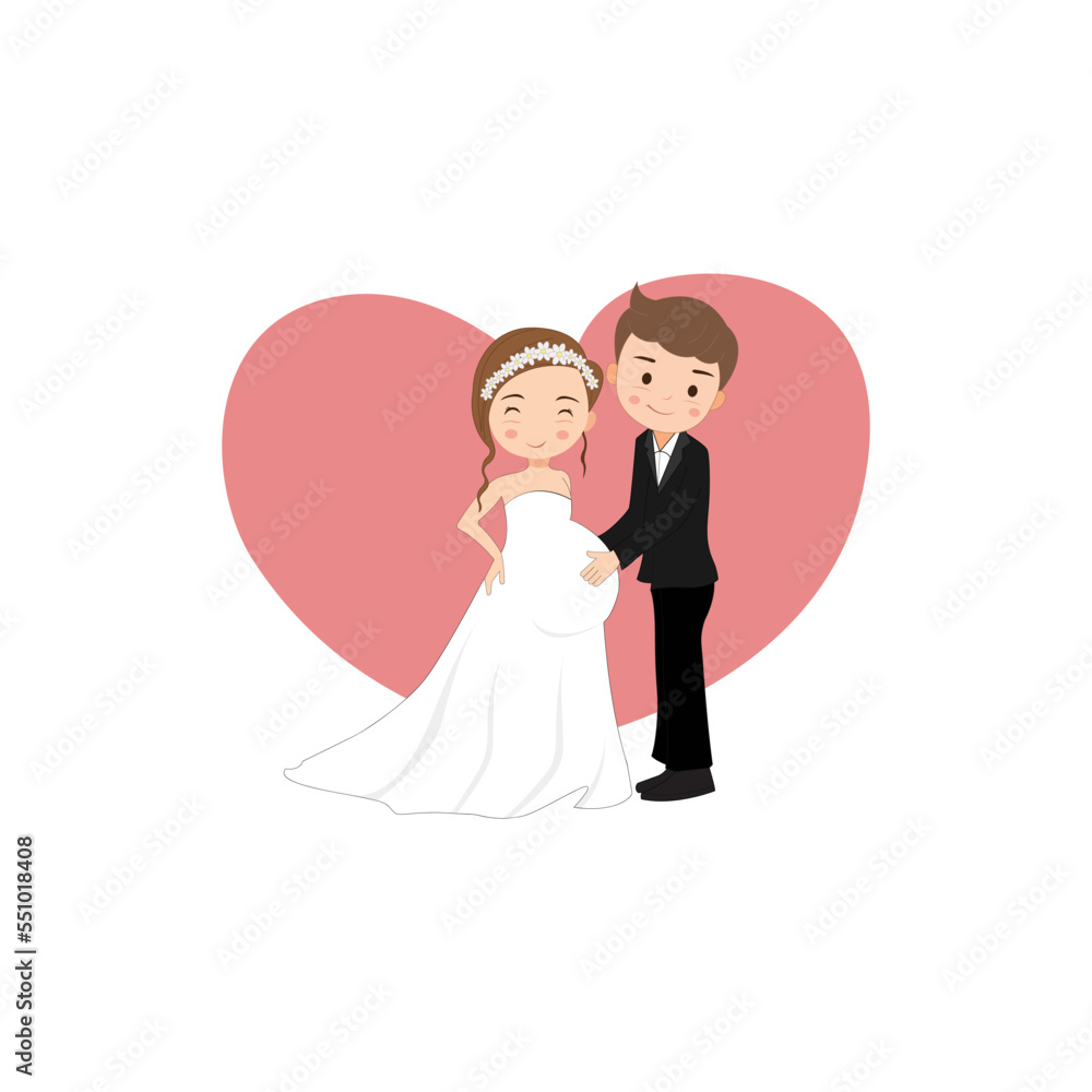 Pregnant Couple Wedding Invitation Vector Cartoon - Vector of a pregnant bride and a happy groom isolated on white background. Pregnant Couple Wedding Invitation Vector Cartoon - Vector of a pregnant bride and a happy groom isolated on white background.