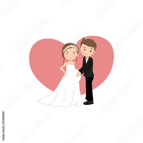Pregnant Couple Wedding Invitation Vector Cartoon - Vector of a pregnant bride and a happy groom isolated on white background.