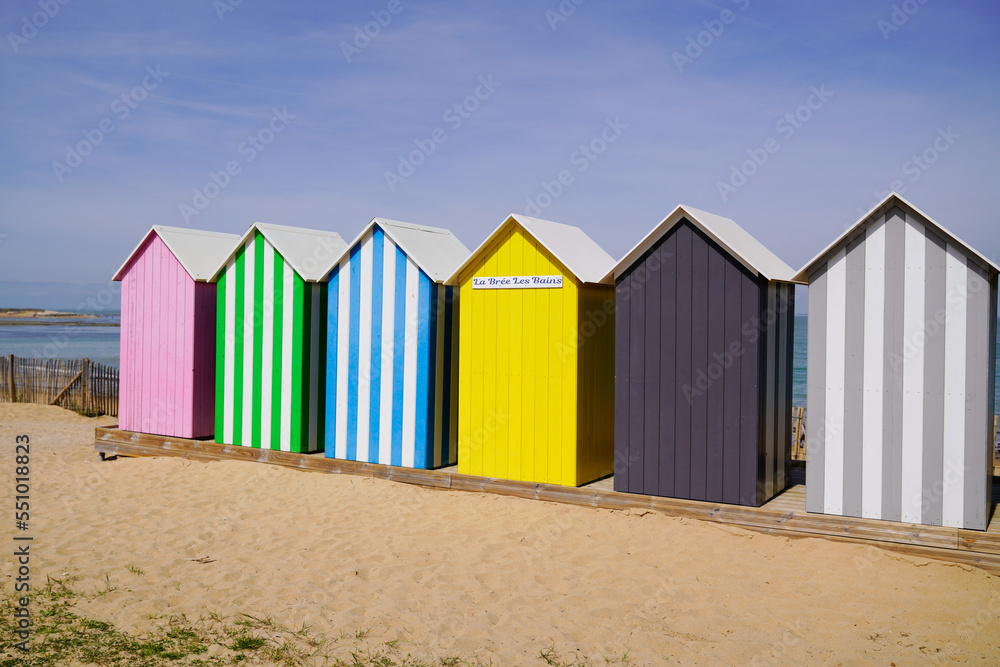 La Bree-les-Bains village bathing houses on sand beach france La Bree-les-Bains village bathing houses on sand beach france