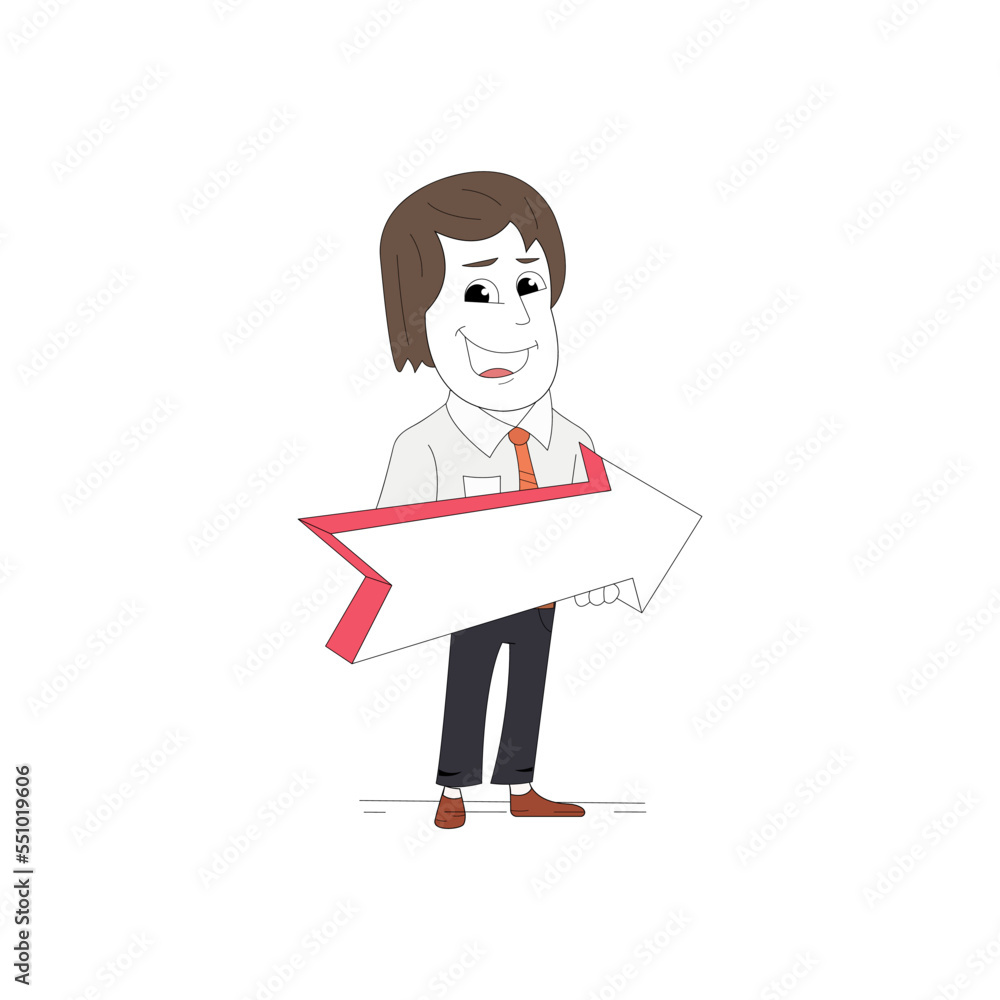 Happy young businessman holding a arrow pointing right and leaning against a wall isolated on white background. Happy young businessman holding a arrow pointing right and leaning against a wall isolated on white background.