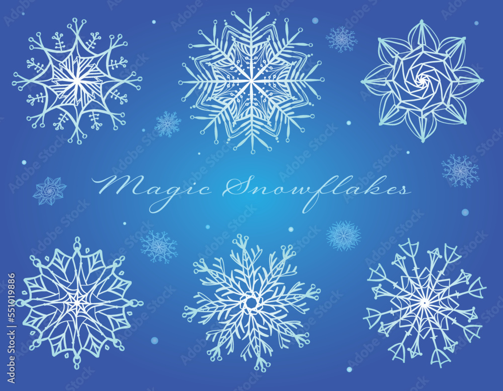 Fototapeta premium Magic Snowflakes vector set - different forms of snowflakes. Outlines.