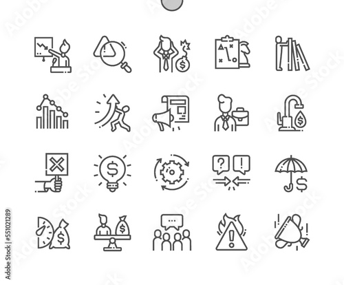 Crisis management. Insurance money, brainstorming, solution, risk level. Tactical plans. Pixel Perfect Vector Thin Line Icons. Simple Minimal Pictogram