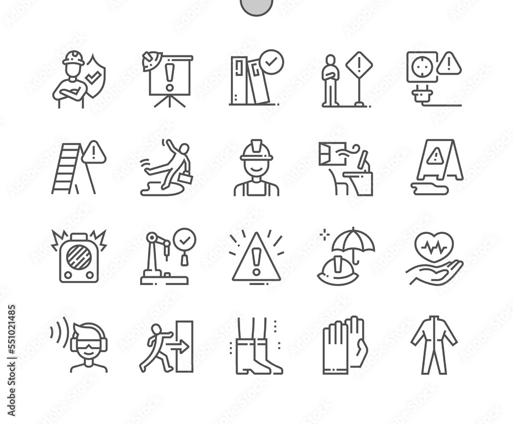 Workplace safety. Check equipment. Protective clothes. Notification and warning of danger. Pixel Perfect Vector Thin Line Icons. Simple Minimal Pictogram Workplace safety. Check equipment. Protective clothes. Notification and warning of danger. Pixel Perfect Vector Thin Line Icons. Simple Minimal Pictogram