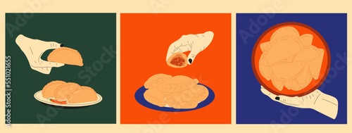 Set of three Hand holds empanada. Latin American food empanadas in plate. Vector in cartoon style. 