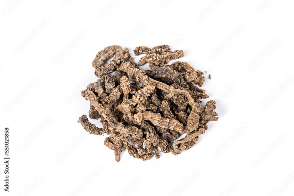Valerian roots in a pile isolated over white top down Valerian roots in a pile isolated over white top down