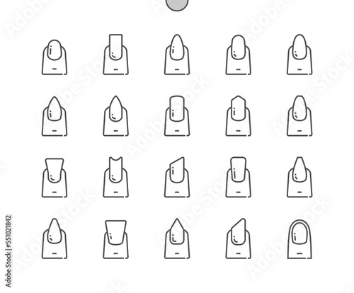 Nails shape. Female manicure. Fashion fingernails type trends. Beauty salon. Pixel Perfect Vector Thin Line Icons. Simple Minimal Pictogram