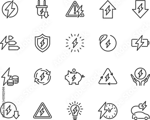 Vector set of energy line icons. Contains icons electricity, voltage, charging, electric power, overload, energy reduction, electric vehicle charging, energy security and more. Pixel perfect.