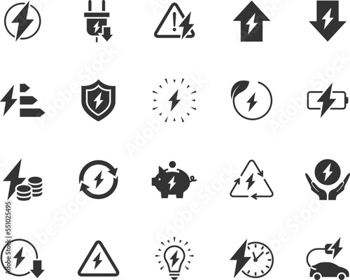 Vector set of energy flat icons. Contains icons electricity, voltage, charging, electric power, overload, energy reduction, electric vehicle charging, energy security and more. Pixel perfect.