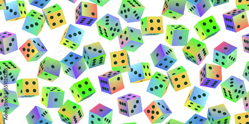 Gambling dice. Seamless pattern of polyhedral game cubes in gradient color with black dots on white. To play in casino, roll dice from one to six points with random numbers. Good luck concept. Vector