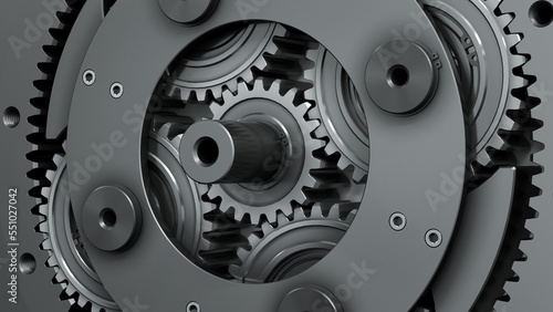 Black planetary gear close-up. Dark gearbox. 3d render