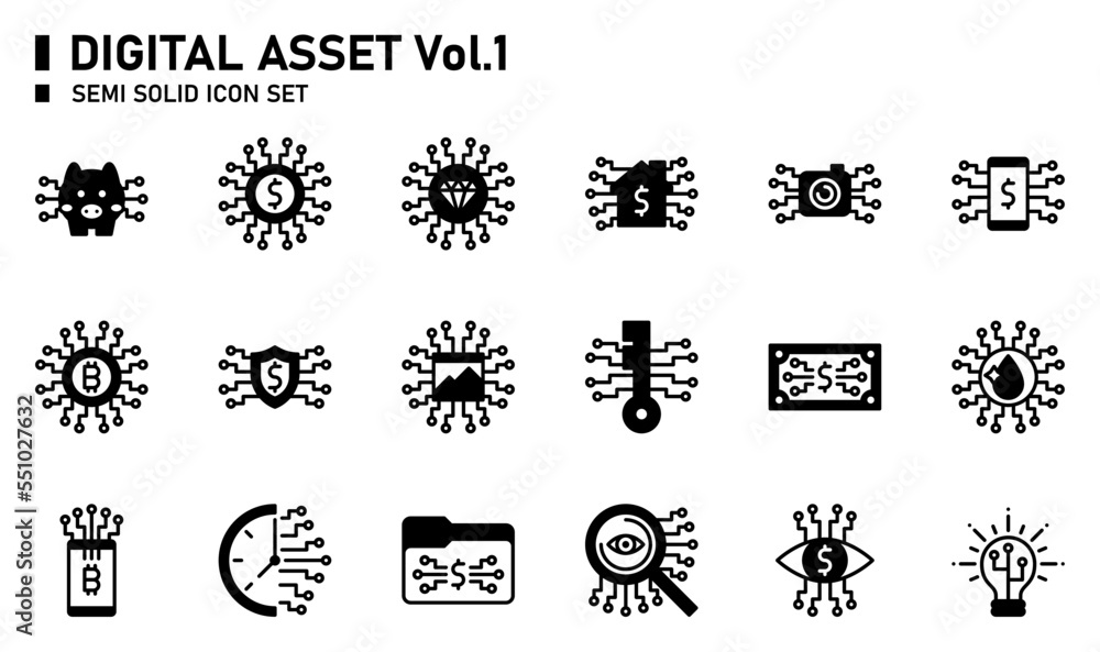 Digital asset semi solid icon set. Digital asset semi solid icon set.