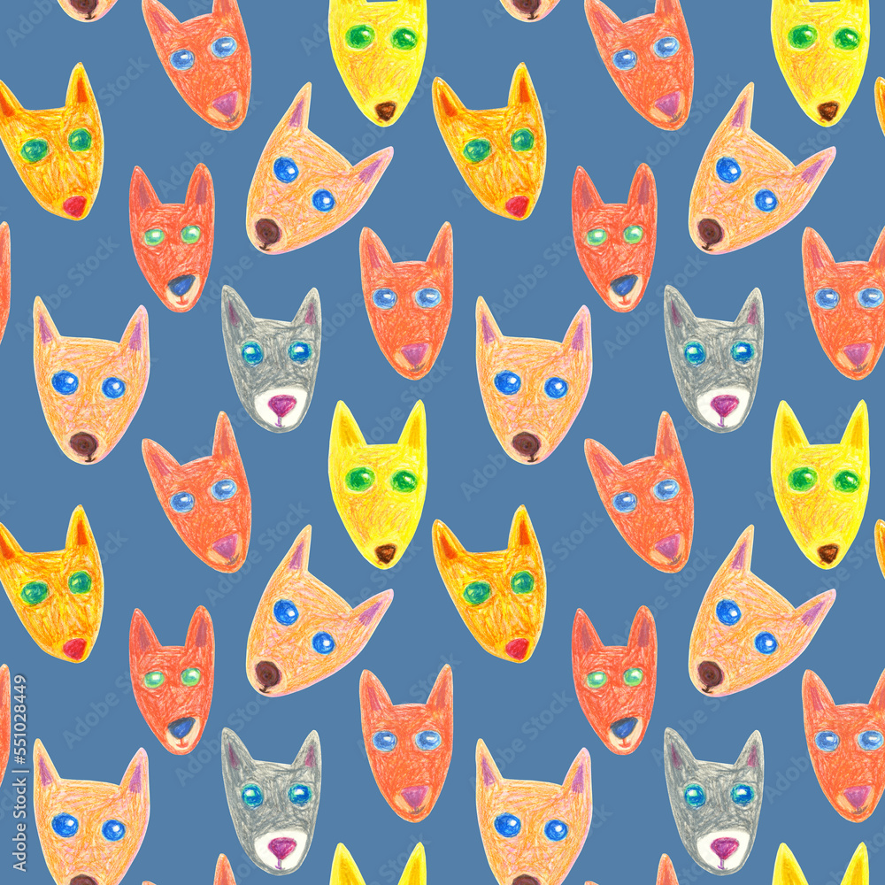 Seamless pattern of multicolored faces of fox drawn with wax crayons on a Steel Blue background. For fabric, sketchbook, wallpaper, wrapping paper. Seamless pattern of multicolored faces of fox drawn with wax crayons on a Steel Blue background. For fabric, sketchbook, wallpaper, wrapping paper.