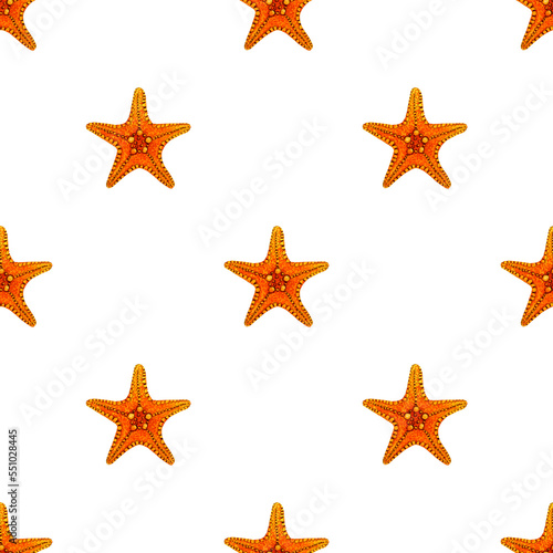 Seamless pattern of a marine, tropical theme. Bright Starfish. Watercolor hand drawn illustration. For decoration and design. On white background.