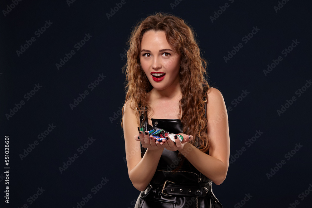 Casino concept. Portrait of young pretty caucasian woman, playing in casino. Roulette, poker chips, cards, wheel, isolated white background Casino concept. Portrait of young pretty caucasian woman, playing in casino. Roulette, poker chips, cards, wheel, isolated white background