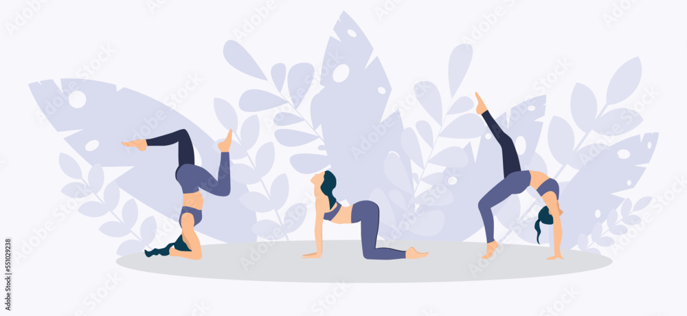 Outdoor yoga concept. Healthy lifestyle. Woman doing body stretching. Set of yoga poses or asanas