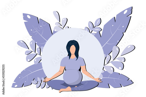 Young pregnant woman doing prenatal yoga.Stretching for pregnant women. Pregnancy health concept. Trendy flat style vector illustration