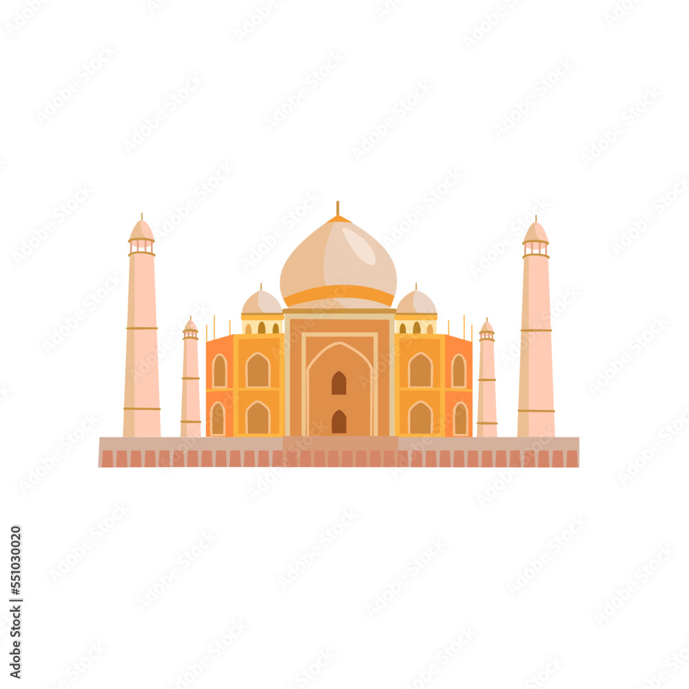 Taj Mahal mausoleum in Agra, India. Flat cartoon style historic sight showplace attraction web site vector illustration. World countries cities vacation travel sightseeing Asia collection.