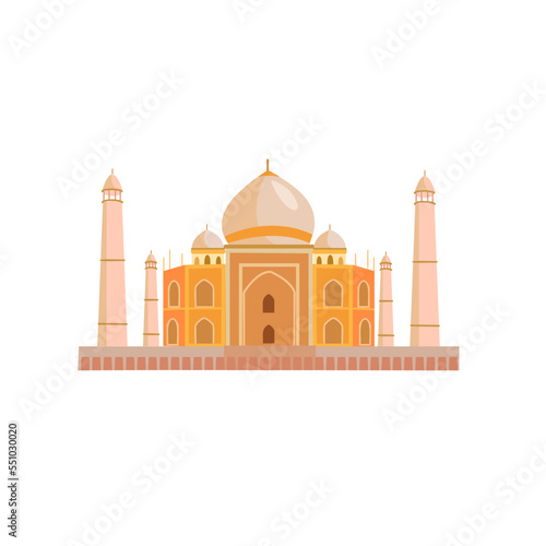 Taj Mahal mausoleum in Agra, India. Flat cartoon style historic sight showplace attraction web site vector illustration. World countries cities vacation travel sightseeing Asia collection.