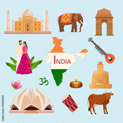 India travel famous landmarks and tourist culture symbols.