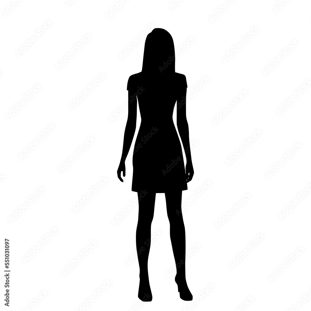 Vector silhouette of a young attractive slender woman in a summer dress, standing, black color, isolated on a white background Vector silhouette of a young attractive slender woman in a summer dress, standing, black color, isolated on a white background