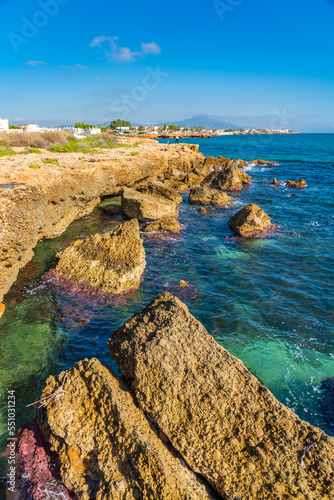 Coastline at Vinaros in the Costa del Azahar, Valencia Spain, vertical photo