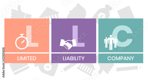 LLC - Limited liability company acronym. business concept background. vector illustration concept with keywords and icons. lettering illustration with icons for web banner, flyer, landing page