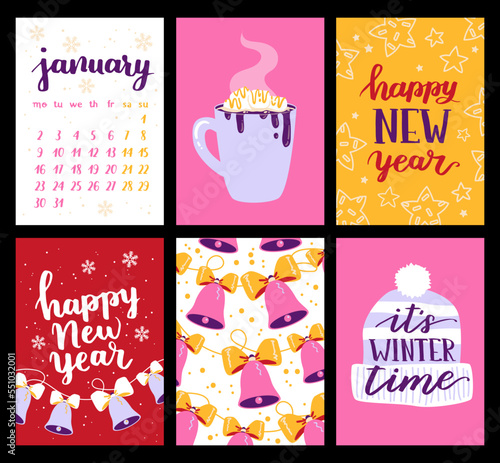 Vector collection of Christmas poster templates. New year 2023 set of christmas greeting cards. Bright colors. presents and hand written lettering for your invitation and design.