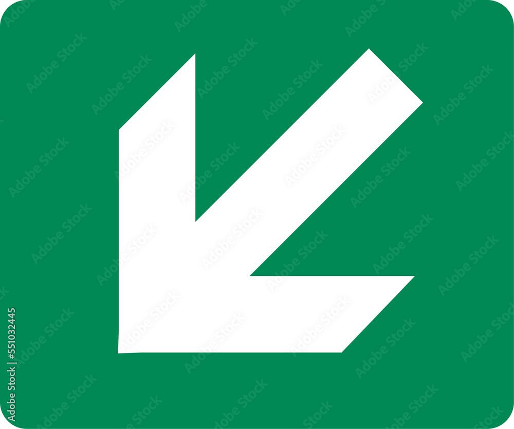 Bottom left arrow direction signs. Green exit emergency icon. Bottom left arrow direction signs. Green exit emergency icon.