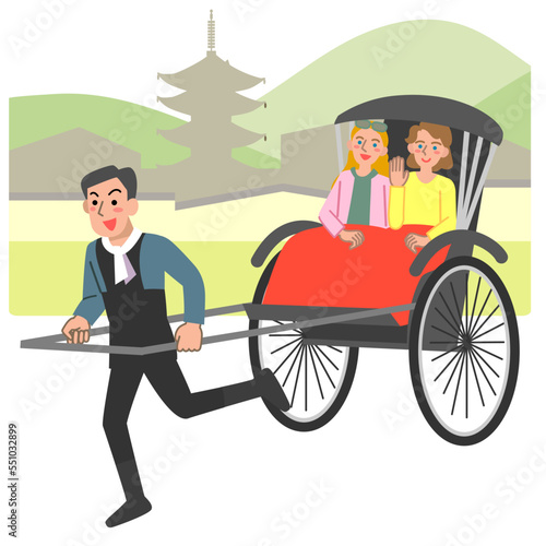 観光地で人力車に乗る外国人観光客の女性