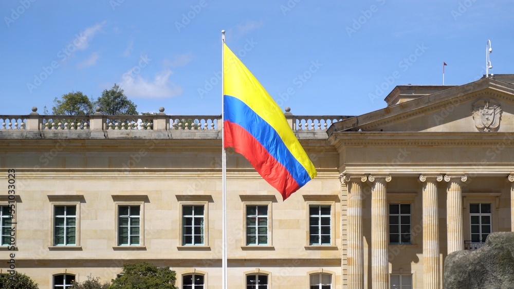 South America, Colombia Bogota 2022 - Bolivar square in downtown of the city - flag in the seat of the Colombian parliament politic and the residence of the president of the republic in Plaza de Núñez