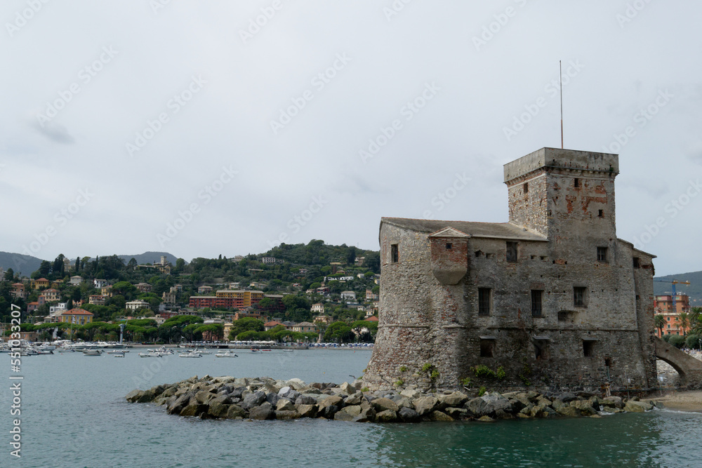 View of the Rapallo castle from the bay on the Tigullio gulf . Liguria, Italy