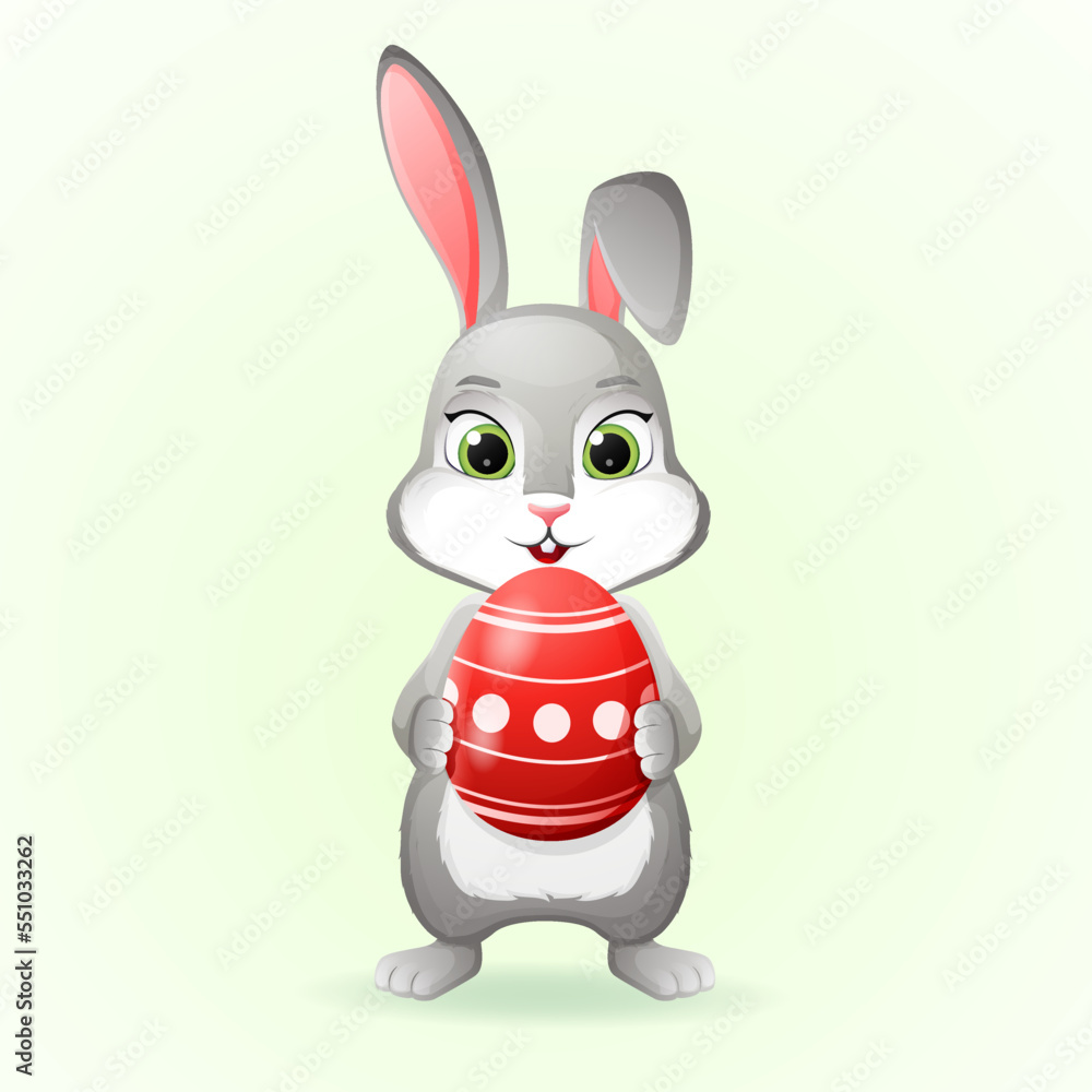 Fototapeta premium Cute bunny holding a Easter egg. Cartoon vector icon illustration. Vector illustration