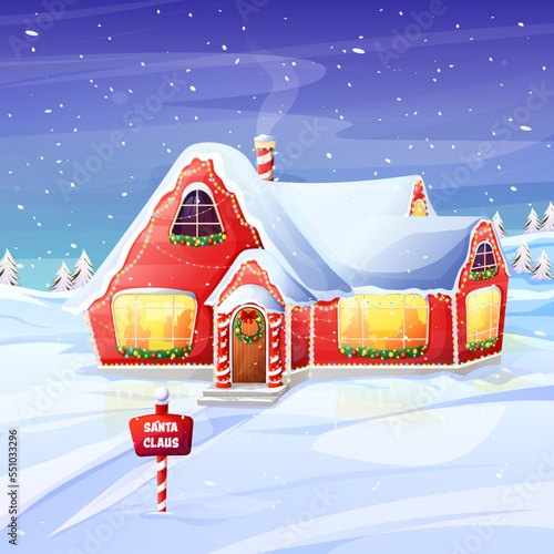 Christmas card with Santa's workshop against winter forest background. New Year design postcard.