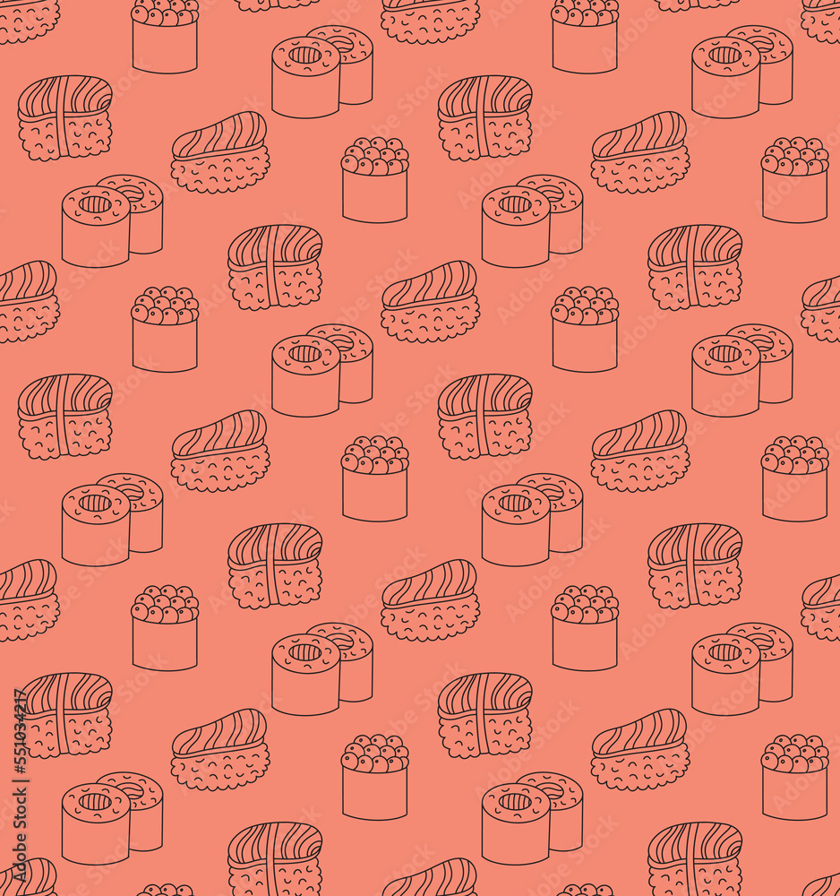 Seamless pattern background with cute sushi hand drawn outline doodles on bright salmon pink backdrop. Contour drawing, asian food vector illustration print, wallpaper, texture design