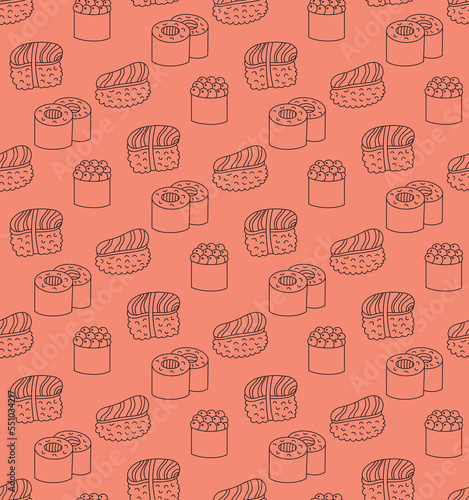 Seamless pattern background with cute sushi hand drawn outline doodles on bright salmon pink backdrop. Contour drawing, asian food vector illustration print, wallpaper, texture design
